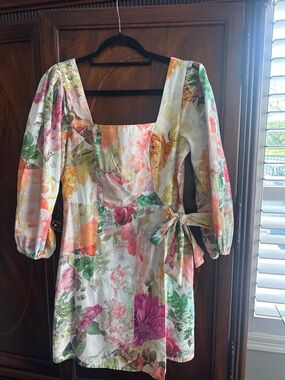 Vince Camuto Floral Square-Neck Mini Dress in Pink, Green & Yellow